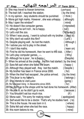 3rd Prep 1st Term 2014 
5- She may travel to Aswan tomorrow. ( perhaps) 
6- The train left. I reached the station. ( by the time) 
7- In my opinion , lazy students should be punished. ( I think ) 
8- Mona got high marks. However , she was unhappy. ( although) 
9- May I open the window? ( mind) 
10- He doesn't like computer games. ( interested) 
11- although he isn't rich , he is happy. ( but ) 
12- Let's visit the zoo. ( Why don't) 
13- When I was young , I went to school with my brother. ( used to) 
14- Why don't we watch this film? ( Let's ) 
15- Despite playing well , he lost the match. ( Although ) 
16- I advise you not to play in the street. ( If) 
17- I don't like maths. ( keen on) 
18- First he did his homework, then he went to the club. ( After ) 
19- Let's play computer games. ( Why) 
20- Although he is poor , he is happy. (Despite) 
21- When he arrived at the cinema , the film had started ( by the time) 
22- Sara felt sad when she failed the exam. ( happy ) 
23- Although they played well , they lost the match. ( Despite ) 
24- My brother has been in France since 2000. ( for) 
25- When the thief had escaped , the police arrived. ( by the time) 
26- This jbcar is my father's. ( belongs ) 
27- She intends to visit Luxor. (going ) 
28- He has been living in Alexandria since 2005. ( for) 
29- He didn't go to the shops until he had done his homework. (After) 
30- He was ill, so he didn't go to work. ( because ) 
31- You shouldn't eat too much rice. (If ) 
32- Mona said , "I'm sorry for making noise." ( apologized) 
33- Seif would like to be a doctor. That's why he studies hard. ( to) 
34- This is the house. He was born in it. ( where) 
35- Soha felt sad when she lost the race. ( happy) 
36- this room belons to me. ( mine) 
35 
 