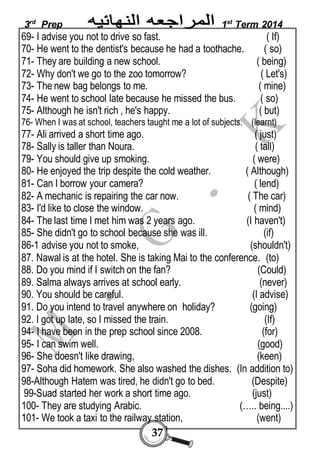 3rd Prep 1st Term 2014 
69- I advise you not to drive so fast. ( If) 
70- He went to the dentist's because he had a toothache. ( so) 
71- They are building a new school. ( being) 
72- Why don't we go to the zoo tomorrow? ( Let's) 
73- The new bag belongs to me. ( mine) 
74- He went to school late because he missed the bus. ( so) 
75- Although he isn't rich , he's happy. ( but) 
76- When I was at school, teachers taught me a lot of subjects. (learnt) 
77- Ali arrived a short time ago. ( just) 
78- Sally is taller than Noura. ( tall) 
79- You should give up smoking. ( were) 
80- He enjoyed the trip despite the cold weather. ( Although) 
81- Can I borrow your camera? ( lend) 
82- A mechanic is repairing the car now. ( The car) 
83- I'd like to close the window. ( mind) 
84- The last time I met him was 2 years ago. (I haven't) 
85- She didn't go to school because she was ill. (if) 
86-1 advise you not to smoke, (shouldn't) 
87. Nawal is at the hotel. She is taking Mai to the conference. (to) 
88. Do you mind if I switch on the fan? (Could) 
89. Salma always arrives at school early. (never) 
90. You should be careful. (I advise) 
91. Do you intend to travel anywhere on holiday? (going) 
92. I got up late, so I missed the train. (If) 
94- I have been in the prep school since 2008. (for) 
95- I can swim well. (good) 
96- She doesn't like drawing, (keen) 
97- Soha did homework. She also washed the dishes. (In addition to) 
98-Although Hatem was tired, he didn't go to bed. (Despite) 
99-Suad started her work a short time ago. (just) 
100- They are studying Arabic. (….. being....) 
101- We took a taxi to the railway station, (went) 
37 
 
