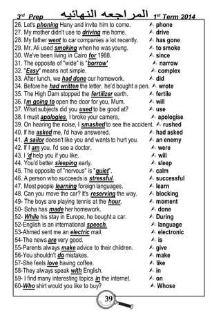 3rd Prep 1st Term 2014 
26. Let's phoning Hany and invite him to come.  phone 
27. My mother didn't use to driving me home.  drive 
28. My father went to car companies a lot recently.  has gone 
29. Mr. Ali used smoking when he was young.  to smoke 
30. We've been living in Cairo for 1988.  since 
31. The opposite of "wide" is "borrow'  narrow 
32. "Easy" means not simple.  complex 
33. After lunch, we had done our homework.  did 
34. Before he had written the letter, he'd bought a pen.  wrote 
35. The High Dam stopped the fertilizer earth.  fertile 
36. I'm going to open the door for you, Mum.  will 
37. What subjects did you used to be good at?  use 
38. I must apologies, I broke your camera,  apologise 
39. On hearing the noise, I smashed to see the accident.  rushed 
40. If he asked me, I'd have answered.  had asked 
41. A sailor doesn't like you and wants to hurt you.  an enemy 
42. If I am you, I'd see a doctor.  were 
43. l 'd help you if you like.  will 
44. You'd better sleeping early.  sleep 
45. The opposite of "nervous" is "quiet".  calm 
46. A person who succeeds is stressful.  successful 
47. Most people learning foreign languages.  learn 
48. Can you move the car? It's reserving the way.  blocking 
49- The boys are playing tennis at the hour.  moment 
50- Soha has made her homework.  done 
52- While his stay in Europe, he bought a car.  During 
52-English is an international speech.  language 
53-Ahmed sent me an electric mail.  electronic 
54-The news are very good.  is 
55-Parents always make advice to their children.  give 
56-You shouldn't do mistakes.  make 
57-She feels love having coffee.  like 
58-They always speak with English.  in 
59- I find many interesting topics in the internet.  on 
60-Who shirt would you like to buy?  Whose 
39 
 