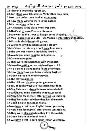 3rd Prep 1st Term 2014 
19-I haven’t wrote the report yet. 
20-Can I lend your CD, please? My brother took mine. 
21-You can order some food at a company. 
22-How many water is there in the bottle? 
23-He came two in the exam. 
24-Alexandria is the place who I was born. 
25-That’s all of now. Please write soon. 
26-We went to the shops to bought some shopping. 
27-May I borrowing you CD? 28-Magda is interesting in football. 
29-Maha is afraid from falling over. 
30-We think it will rain because it is cloudy. 
31-He’s been in primary school since four years. 
32-The box was heavy although he lifted it. 
33-Would you mind pass the salt, please? 
34-Calm means quite. 
35-They were sad when they won the match. 
36-I used to getting up early when I was a child. 
37-He is going playing tennis in the afternoon. 
38-How many have you been studying English? 
39-Don’t be rude to another people. 
40-The play was bored. 
41-The children play computer games now. 
42-You should always use few salt in your food. 
43-Our flat consists from three rooms and a hall. 
44-Would you mind close the window, please? 
45-Now he is feeling well after getting up smoking. 
46-They were pleased when they lost the match. 
47-Don’t be late on school, Mona. 
48-We have a test in our English lesson yesterday. 
49-Now he is feeling well after getting up smoking. 
50-They were pleased when they lost the match. 
51-Don’t be late on school, Mona. 
52-We have a test in our English lesson yesterday. 
41 
 