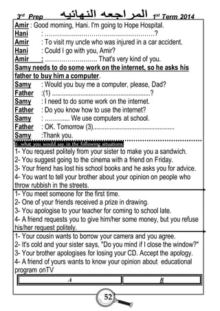 3rd Prep 1st Term 2014 
Amir : Good morning, Hani. I'm going to Hope Hospital. 
Hani : ………………………………………………? 
Amir : To visit my uncle who was injured in a car accident. 
Hani : Could I go with you, Amir? 
Amir : …………………….. That's very kind of you. 
Samy needs to do some work on the internet, so he asks his 
father to buy him a computer. 
Samy : Would you buy me a computer, please, Dad? 
Father :(1) ...........................................................? 
Samy : I need to do some work on the internet. 
Father : Do you know how to use the internet? 
Samy : ……….... We use computers at school. 
Father : OK. Tomorrow (3)................................................. 
Samy :Thank you. 
2- what you would say in the following situations: 
1- You request politely from your sister to make you a sandwich. 
2- You suggest going to the cinema with a friend on Friday. 
3- Your friend has lost his school books and he asks you for advice. 
4- You want to tell your brother about your opinion on people who 
throw rubbish in the streets. 
1- You meet someone for the first time. 
2- One of your friends received a prize in drawing. 
3- You apologise to your teacher for coming to school late. 
4- A friend requests you to give him/her some money, but you refuse 
his/her request politely. 
1- Your cousin wants to borrow your camera and you agree. 
2- It's cold and your sister says, "Do you mind if I close the window?" 
3- Your brother apologises for losing your CD. Accept the apology. 
4- A friend of yours wants to know your opinion about educational 
program onTV 
A B 
52 
 