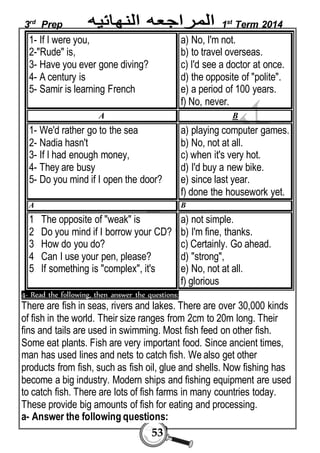 3rd Prep 1st Term 2014 
53 
1- If I were you, 
2-"Rude" is, 
3- Have you ever gone diving? 
4- A century is 
5- Samir is learning French 
a) No, I'm not. 
b) to travel overseas. 
c) I'd see a doctor at once. 
d) the opposite of "polite". 
e) a period of 100 years. 
f) No, never. 
A B 
1- We'd rather go to the sea 
2- Nadia hasn't 
3- If I had enough money, 
4- They are busy 
5- Do you mind if I open the door? 
a) playing computer games. 
b) No, not at all. 
c) when it's very hot. 
d) I'd buy a new bike. 
e) since last year. 
f) done the housework yet. 
A B 
1 The opposite of "weak" is 
2 Do you mind if I borrow your CD? 
3 How do you do? 
4 Can I use your pen, please? 
5 If something is "complex", it's 
a) not simple. 
b) I'm fine, thanks. 
c) Certainly. Go ahead. 
d) "strong", 
e) No, not at all. 
f) glorious 
4- Read the following, then answer the questions: 
There are fish in seas, rivers and lakes. There are over 30,000 kinds 
of fish in the world. Their size ranges from 2cm to 20m long. Their 
fins and tails are used in swimming. Most fish feed on other fish. 
Some eat plants. Fish are very important food. Since ancient times, 
man has used lines and nets to catch fish. We also get other 
products from fish, such as fish oil, glue and shells. Now fishing has 
become a big industry. Modern ships and fishing equipment are used 
to catch fish. There are lots of fish farms in many countries today. 
These provide big amounts of fish for eating and processing. 
a- Answer the following questions: 
 