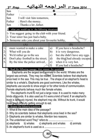3rd Prep 1st Term 2014 
Son : ……………………………………………… 
Father : ……………………………………………..? 
Son I will visit him tomorrow, 
Father : Here's the money. 
Son : Thanks a lot ,father. 
2- what you would say in the following situations: 
1- You suggest going to the club with your friend. 
2- Your sister has just had a baby. 
3- Someone asks you about your favourite hobby, 
(A) (B) 
1- mum wanted to make a cake 
2- What will you do 
3- We'd rather go to the sea 
4- Don't play football in the street; 
5- By the time the police arrived , 
a) If you have a headache? 
b) it is very dangerous. 
c) but she didn't have any eggs. 
d) the thief had already escaped. 
e) when it is very hot. 
f) If you had a headache? 
4- Read the following passage, then answer the questions: 
Elephants are the largest land animals in the world. Whales are the 
largest sea animals. They may be related. Scientists believe that elephants 
once lived in the sea. This may be true . The shape of an elephant's head is 
similar to a whale's. Elephants are good swimmers. Like the whales, 
elephants use sounds to show anger or for other kinds of communication. 
Female elephants behave much like female whales. 
The elephant's trunk is not just a large nose. It is used to make many 
kinds of sounds. It is also used as if it were a kind of hand. If an elephant's 
trunk is seriously injured, the elephant may die. Without its trunk, it would 
have great difficulty getting enough to eat. 
A- Answer the following questions ; 
1- What is the main idea of the passage? 
2- Why do scientists believe that elephants once lived in the sea? 
3- Elephants are similar to whales. Mention two reasons. 
4- The underlined word They" refers to ..................................... 
a) elephants b) whales c) elephants and whales d) animals 
5- An elephant's trunk is used as a ................................ 
80 
 