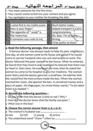 3rd Prep 1st Term 2014 
1 - You meet someone for the first time. 
2- Your cousin wants to borrow your camera and you agree. 
3- You apologise to your mother for breaking the dish. 
(A) (B) 
1- I c ame first in my maths exam a) M uch better today. 
2- H ow is your finger? b) he lped transport in Cairo. 
3- Th e opposite of " weak" is c) Co ngratulations 
4- Th e metro has d) O h, dear. I'm so sorry. 
5- If someone was rude to me, e) St rong. 
f) I'd be polite to them. 
4- Read the following passage, then answer 
A famous doctor was always ready to help his poor neighbours. 
One day, an old woman came to his house and asked if he would 
come to see her husband who was sick and unable to work. The 
doctor followed the poor woman to her house. When he entered, 
he found that they lived in one room and he noticed that there was 
no food in. that room. He examined the man, then he asked the 
woman to come to his hospital to give her medicine. The woman 
went there and the doctor gave her a small box. He told her that 
she would find the instructions inside the box. When the woman 
reached her room, she opened the box. It contained money and a 
piece of paper. On that paper, he wrote these words," To be taken 
when it is needed ". 
A- Answer the following questions : 
1- Do you think that the doctor is kind or not ? Why ? 
2- How did the doctor know that the family was poor ? 
3- What was in the box? 
B- Choose the correct answer from a, b, c or d : 
4- The woman's husband was ................................. . 
a) sick b) rich c) young d) active 
5- The underlined word " there " refers to .............................. 
94 
 