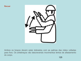 125
Recuar
Ambos os braços devem estar dobrados com as palmas das mãos voltadas
para fora. Os antebraços vão descrevendo movimentos lentos de afastamento
do corpo.
 