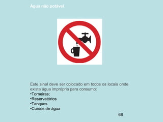 68
Água não potável
Este sinal deve ser colocado em todos os locais onde
exista água imprópria para consumo:
•Torneiras;
•Reservatórios
•Tanques
•Cursos de água
 