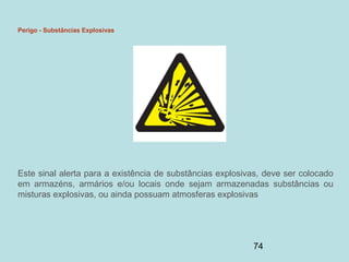 74
Perigo - Substâncias Explosivas
Este sinal alerta para a existência de substâncias explosivas, deve ser colocado
em armazéns, armários e/ou locais onde sejam armazenadas substâncias ou
misturas explosivas, ou ainda possuam atmosferas explosivas
 