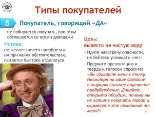 Типы покупателей
- не собирается покупать, при этом
соглашается со всеми доводами
Истина:
не желает ничего приобретать
ни при каких обстоятельствах,
пытается быстрее отделаться
6
Цель:
вывести на чистую воду
- Идите навстречу опасности,
не бойтесь услышать «нет»
- Прервите презентацию и
твердым голосом спросите:
«Вы сбиваете меня с толку.
Несмотря на ваше согласие
я ощущаю сильное внутренне
предубеждение. Давайте
открыто обсудим, почему вы
не хотите покупать товар и
скрываете это нежелание от
меня?»
5 Покупатель, говорящий «ДА»
 