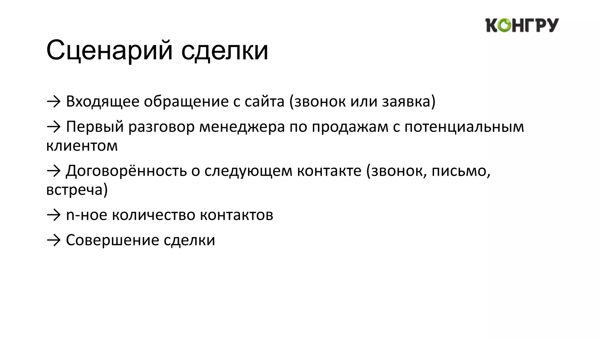 Сценарий сделки
→ Входящее обращение с сайта (звонок или заявка)
→ Первый разговор менеджера по продажам с потенциальным
клиентом
→ Договорённость о следующем контакте (звонок, письмо,
встреча)
→ n-ное количество контактов
→ Совершение сделки
 