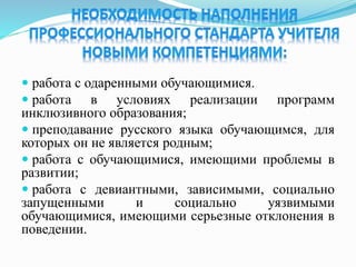  работа с одаренными обучающимися.
 работа в условиях реализации программ
инклюзивного образования;
 преподавание русского языка обучающимся, для
которых он не является родным;
 работа с обучающимися, имеющими проблемы в
развитии;
 работа с девиантными, зависимыми, социально
запущенными и социально уязвимыми
обучающимися, имеющими серьезные отклонения в
поведении.
 