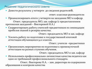 Решение педагогического совета
 Довести результаты 3 четверти до сведения родителей.
ответ. классные руководители
 Проанализировать итоги 3 четверти на заседании МО и кафедр.
Ответ.: председатель МО, зав. кафедр (с предоставлением
протоколов заседаний – Викторовой Н.А.)
 Скорректировать работу учителей-предметников по ликвидации
пробелов знаний и резерва качества.
Ответ.: председатель МО и зав. кафедр
 Усилить работу по подготовке к государственной итоговой
аттестации обучающихся 9,11 классов.
Ответ.: учителя –предметники
 Организовать мероприятия по подготовке к промежуточной
аттестации на разных ступенях обучения.
Ответ.: председатель МО и зав. кафедр
 Использовать профессионально-личностные качества педагога как
одно из требований профессионального стандарта.
Ответ.: Викторова Н.А. – зам. директора по содержанию
образования и контролю качества
 