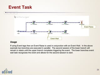 26
Event Task
UsageUsage
If using Event tags then an Event Raise is used in conjunction with an Event Wait. In the aboveIf using Event tags then an Event Raise is used in conjunction with an Event Wait. In the above
example two branches are executed in parallel. The second session of the lower branch willexample two branches are executed in parallel. The second session of the lower branch will
remain in stasis until the upper branch completes triggering the event. The lower branches eventremain in stasis until the upper branch completes triggering the event. The lower branches event
wait task recognizes the event and allows for the second session to start.wait task recognizes the event and allows for the second session to start.
Event RaiseEvent Raise
Event WaitEvent Wait
 