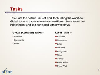9
Tasks
Local Tasks –
 Sessions
 Commands
 Email
 Decision
 Assignment
 Timer
 Control
 Event Raise
 Event Wait
Global (Reusable) Tasks –
 Sessions
 Commands
 Email
Tasks are the default units of work for building the workflow.
Global tasks are reusable across workflows. Local tasks are
independent and self-contained within workflows.
 