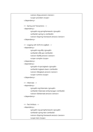 <version>${jsp.version}</version>
<scope>provided</scope>
</dependency>
<!-- Spring and Transactions -->
<dependency>
<groupId>org.springframework</groupId>
<artifactId>spring-tx</artifactId>
<version>${spring-framework.version}</version>
</dependency>
<!-- Logging with SLF4J & LogBack -->
<dependency>
<groupId>org.slf4j</groupId>
<artifactId>slf4j-api</artifactId>
<version>${slf4j.version}</version>
<scope>compile</scope>
</dependency>
<dependency>
<groupId>ch.qos.logback</groupId>
<artifactId>logback-classic</artifactId>
<version>${logback.version}</version>
<scope>runtime</scope>
</dependency>
<!-- Hibernate -->
<dependency>
<groupId>org.hibernate</groupId>
<artifactId>hibernate-entitymanager</artifactId>
<version>${hibernate.version}</version>
</dependency>
<!-- Test Artifacts -->
<dependency>
<groupId>org.springframework</groupId>
<artifactId>spring-test</artifactId>
<version>${spring-framework.version}</version>
<scope>test</scope>
 
