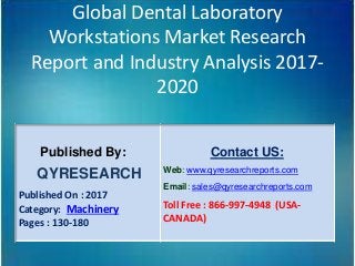 Global Dental Laboratory
Workstations Market Research
Report and Industry Analysis 2017-
2020
Published By:
QYRESEARCH
Published On : 2017
Category: Machinery
Pages : 130-180
Contact US:
Web: www.qyresearchreports.com
Email: sales@qyresearchreports.com
Toll Free : 866-997-4948 (USA-
CANADA)
 