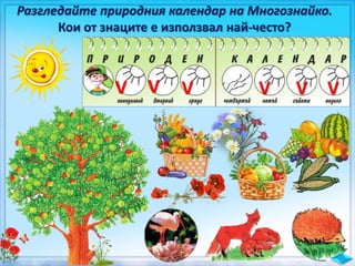 Разгледайте природния календар на Многознайко.
Кои от знаците е използвал най-често?
VVV VV V
 