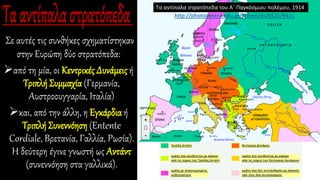 Σε αυτές τις συνθήκες σχηματίστηκαν
στην Ευρώπη δύο στρατόπεδα:
➢από τη μία, οι Κεντρικές Δυνάμεις ή
ΤριπλήΣυμμαχία (Γερμανία,
Αυστροουγγαρία, Ιταλία)
➢και, από την άλλη, η Εγκάρδια ή
ΤριπλήΣυνεννόηση (Entente
Cordiale, Βρετανία, Γαλλία, Ρωσία).
Η δεύτερη έγινε γνωστή ως Αντάντ
(συνεννόηση στα γαλλικά).
Τα αντίπαλα στρατόπεδα του Α΄ Παγκόσμιου πολέμου, 1914
http://photodentro.edu.gr/v/item/ds/8521/9411
 