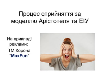 Процес сприйняття за
моделлю Арістотеля та ЕІУ
На прикладі
реклами:
ТМ Корона
“MaxFun”
 