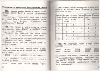 Поразрядное сравнение многозначных чисел
137. Назови самое большое число тысяч,
которое может быть в составе пятизначного
числа.
Назови самое маленькое число тысяч, кото­
рое может быть в составе шестизначного числа.
Какое число больше: пятизначное или
шестизначное? Почему?
138. Чем похожи и чем отличаются записи
двух данных чисел: 256987 и 356987? Какое
из этих чисел больше?
Расскажи, как сравнить два числа, если
они имеют в записи одинаковое число цифр.
139. Запиши число, которое непосредствен­
но предшествует числу 100000.
Запиши число, которое следует сразу за
числом 299999.
140. Из следующего набора чисел выбери
пары соседних чисел и запиши их в порядке
возрастания.
23519 2520 123520 2519 23520
141. Расположи и запиши данные числа в
порядке убывания.
387251 20957 9969 21042 387250 10000
44
142. Сравни числа, записанные в разрядной
I.(блице, и назови самое большое и само*
маленькое из них.
Разряд
сотен
тысяч
Разряд
десят­
ков
тысяч
Разряд
единиц
тысяч
Разряд
сотен
Разряд
десят­
ков
Разря;
едини!
5 2 9 1 7 3
6 0 5 8 9 2
9 8 7 3 9
1 0 0 1 1 0
6 0 9 1 8 3
143. Из следующих чисел выбери само
большое.
25698 163548 96584
9508 263548 96587
365987 89965
90009 3663I
Запиши эти числа столбиком так, чю бн
соответствующие разряды находились дру»
мод другом. Выбери самое маленькое число
При каком способе расположения чисел их
легче соавнивать?
4!|
 