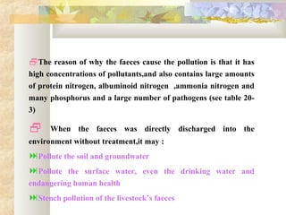 The reason of why the faeces cause the pollution is that it has
high concentrations of pollutants,and also contains large amounts
of protein nitrogen, albuminoid nitrogen ,ammonia nitrogen and
many phosphorus and a large number of pathogens (see table 20-
3)
 When the faeces was directly discharged into the
environment without treatment,it may :
Pollute the soil and groundwater
Pollute the surface water, even the drinking water and
endangering human health
Stench pollution of the livestock’s faeces
 