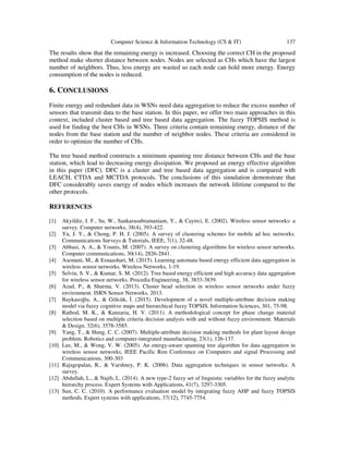 Computer Science & Information Technology (CS & IT) 137
The results show that the remaining energy is increased. Choosing the correct CH in the proposed
method make shorter distance between nodes. Nodes are selected as CHs which have the largest
number of neighbors. Thus, less energy are wasted so each node can hold more energy. Energy
consumption of the nodes is reduced.
6. CONCLUSIONS
Finite energy and redundant data in WSNs need data aggregation to reduce the excess number of
sensors that transmit data to the base station. In this paper, we offer two main approaches in this
context, included cluster based and tree based data aggregation. The fuzzy TOPSIS method is
used for finding the best CHs in WSNs. Three criteria contain remaining energy, distance of the
nodes from the base station and the number of neighbor nodes. These criteria are considered in
order to optimize the number of CHs.
The tree based method constructs a minimum spanning tree distance between CHs and the base
station, which lead to decreasing energy dissipation. We proposed an energy effective algorithm
in this paper (DFC). DFC is a cluster and tree based data aggregation and is compared with
LEACH, CTDA and MCTDA protocols. The conclusions of this simulation demonstrate that
DFC considerably saves energy of nodes which increases the network lifetime compared to the
other protocols.
REFERENCES
[1] Akyildiz, I. F., Su, W., Sankarasubramaniam, Y., & Cayirci, E. (2002). Wireless sensor networks: a
survey. Computer networks, 38(4), 393-422.
[2] Yu, J. Y., & Chong, P. H. J. (2005). A survey of clustering schemes for mobile ad hoc networks.
Communications Surveys & Tutorials, IEEE, 7(1), 32-48.
[3] Abbasi, A. A., & Younis, M. (2007). A survey on clustering algorithms for wireless sensor networks.
Computer communications, 30(14), 2826-2841.
[4] Asemani, M., & Esnaashari, M. (2015). Learning automata based energy efficient data aggregation in
wireless sensor networks. Wireless Networks, 1-19.
[5] Selvin, S. V., & Kumar, S. M. (2012). Tree based energy efficient and high accuracy data aggregation
for wireless sensor networks. Procedia Engineering, 38, 3833-3839.
[6] Azad, P., & Sharma, V. (2013). Cluster head selection in wireless sensor networks under fuzzy
environment. ISRN Sensor Networks, 2013.
[7] Baykasoğlu, A., & Gölcük, . (2015). Development of a novel multiple-attribute decision making
model via fuzzy cognitive maps and hierarchical fuzzy TOPSIS. Information Sciences, 301, 75-98.
[8] Rathod, M. K., & Kanzaria, H. V. (2011). A methodological concept for phase change material
selection based on multiple criteria decision analysis with and without fuzzy environment. Materials
& Design, 32(6), 3578-3585.
[9] Yang, T., & Hung, C. C. (2007). Multiple-attribute decision making methods for plant layout design
problem. Robotics and computer-integrated manufacturing, 23(1), 126-137.
[10] Lee, M., & Wong, V. W. (2005). An energy-aware spanning tree algorithm for data aggregation in
wireless sensor networks, IEEE Pacific Rim Conference on Computers and signal Processing and
Communications, 300-303
[11] Rajagopalan, R., & Varshney, P. K. (2006). Data aggregation techniques in sensor networks: A
survey.
[12] Abdullah, L., & Najib, L. (2014). A new type-2 fuzzy set of linguistic variables for the fuzzy analytic
hierarchy process. Expert Systems with Applications, 41(7), 3297-3305.
[13] Sun, C. C. (2010). A performance evaluation model by integrating fuzzy AHP and fuzzy TOPSIS
methods. Expert systems with applications, 37(12), 7745-7754.
 
