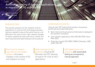 Automated testing of operator applications
in migration to 5G and cloud
Tier-1 operator
United States
BUSINESS CASE
The operator prepares for the migration of all its
applications to cloud and 5G technology. Extensive
testing is needed to ensure that performance is not
affected in the case of such major network changes.
To reduce operational costs and time to market, the
client required automated testing of all its products.
page 45
Wide coverage of telco
protocols, including SIP,
Diameter and SS7, allowing
simulation for most of telco
applications.
Short time to market –
fast, efficient and reliable
validation of product
changes in the context of 5G
and migration to cloud
40% deployment cost
reduction with automated
testing as compared to
manual approach
COMPUTARIS SOLUTION
Using its own TOP Testing Suite solution, Computaris
performed automated testing for:
 Bare metal and cloud versions of all products deployed in
the operator ecosystem
 Core network applications: HLR, HSS, EIR, PCRF, Voice
Mail, GMLC
 Protocols covered: SS7 (MAP, CAMEL), Diameter, LDAP,
SOAP, SSH, SIP
 