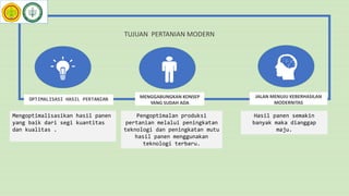 OPTIMALISASI HASIL PERTANIAN MENGGABUNGKAN KONSEP
YANG SUDAH ADA
JALAN MENUJU KEBERHASILAN
MODERNITAS
Mengoptimalisasikan hasil panen
yang baik dari segi kuantitas
dan kualitas .
Pengoptimalan produksi
pertanian melalui peningkatan
teknologi dan peningkatan mutu
hasil panen menggunakan
teknologi terbaru.
Hasil panen semakin
banyak maka dianggap
maju.
TUJUAN PERTANIAN MODERN
 