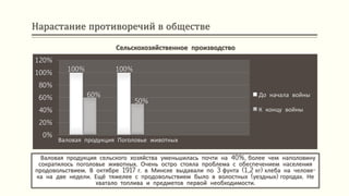 Нарастание противоречий в обществе
Валовая продукция сельского хозяйства уменьшилась почти на 40%, более чем наполовину
сократилось поголовье животных. Очень остро стояла проблема с обеспечением населения
продовольствием. В октябре 1917 г. в Минске выдавали по 3 фунта (1,2 кг) хлеба на челове-
ка на две недели. Ещё тяжелее с продовольствием было в волостных (уездных) городах. Не
хватало топлива и предметов первой необходимости.
Сельскохозяйственное производство
100% 100%
60%
50%
0%
20%
40%
60%
80%
100%
120%
Валовая продукция Поголовье животных
До начала войны
К концу войны
 