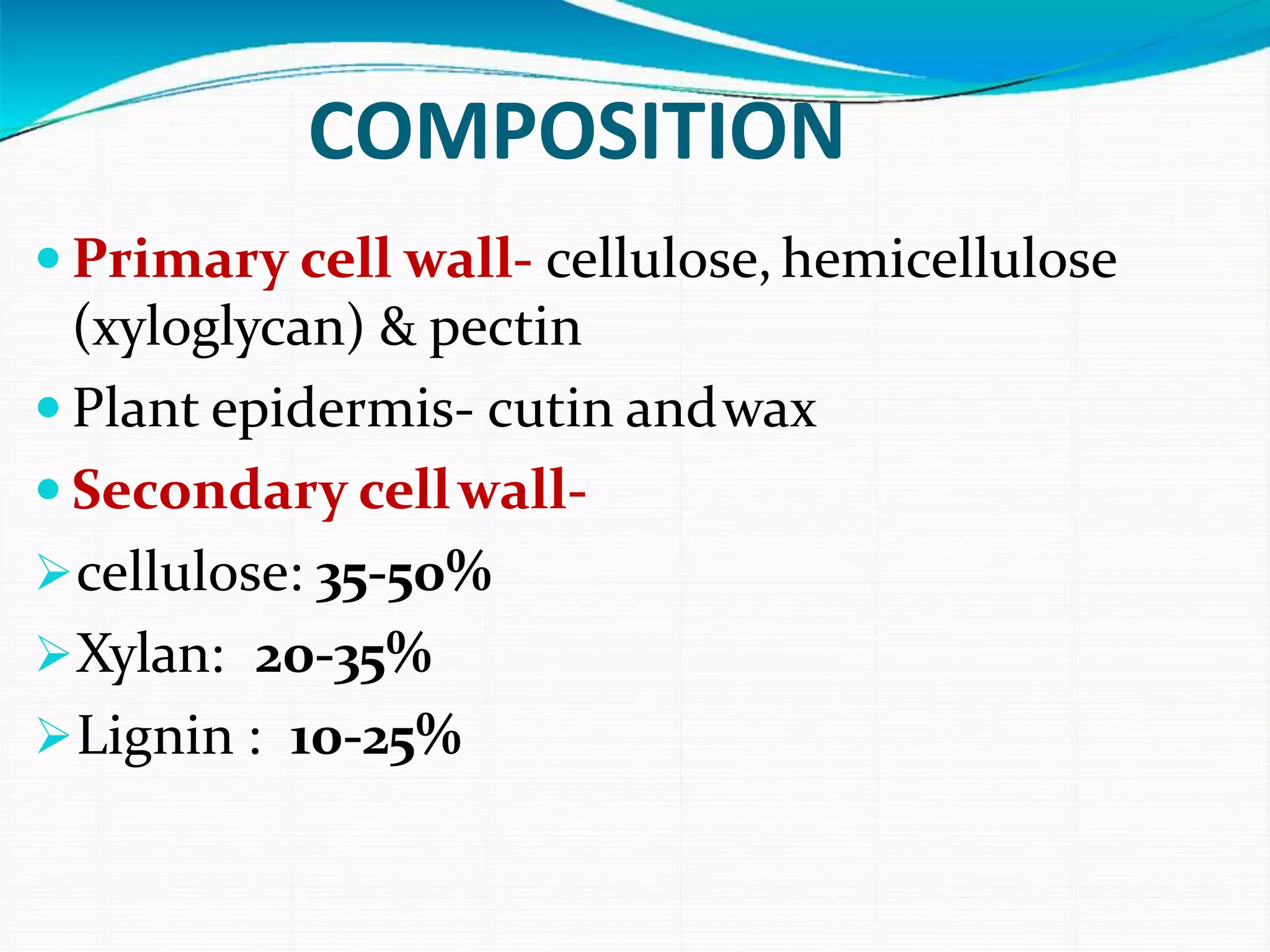 COMPOSITION
 Primary cell wall- cellulose, hemicellulose
(xyloglycan) & pectin
 Plant epidermis- cutin andwax
 Secondary cellwall-
cellulose: 35-50%
Xylan: 20-35%
Lignin : 10-25%
 