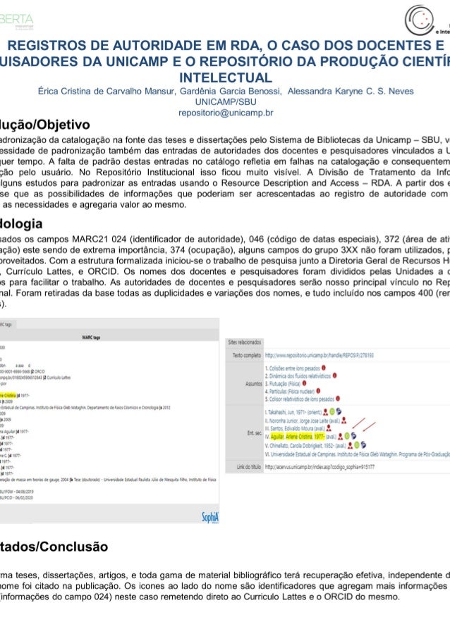 Registros de autoridade em RDA, o caso dos docentes e pesquisadores da Unicamp e o Repositório da Produção Científica e In...