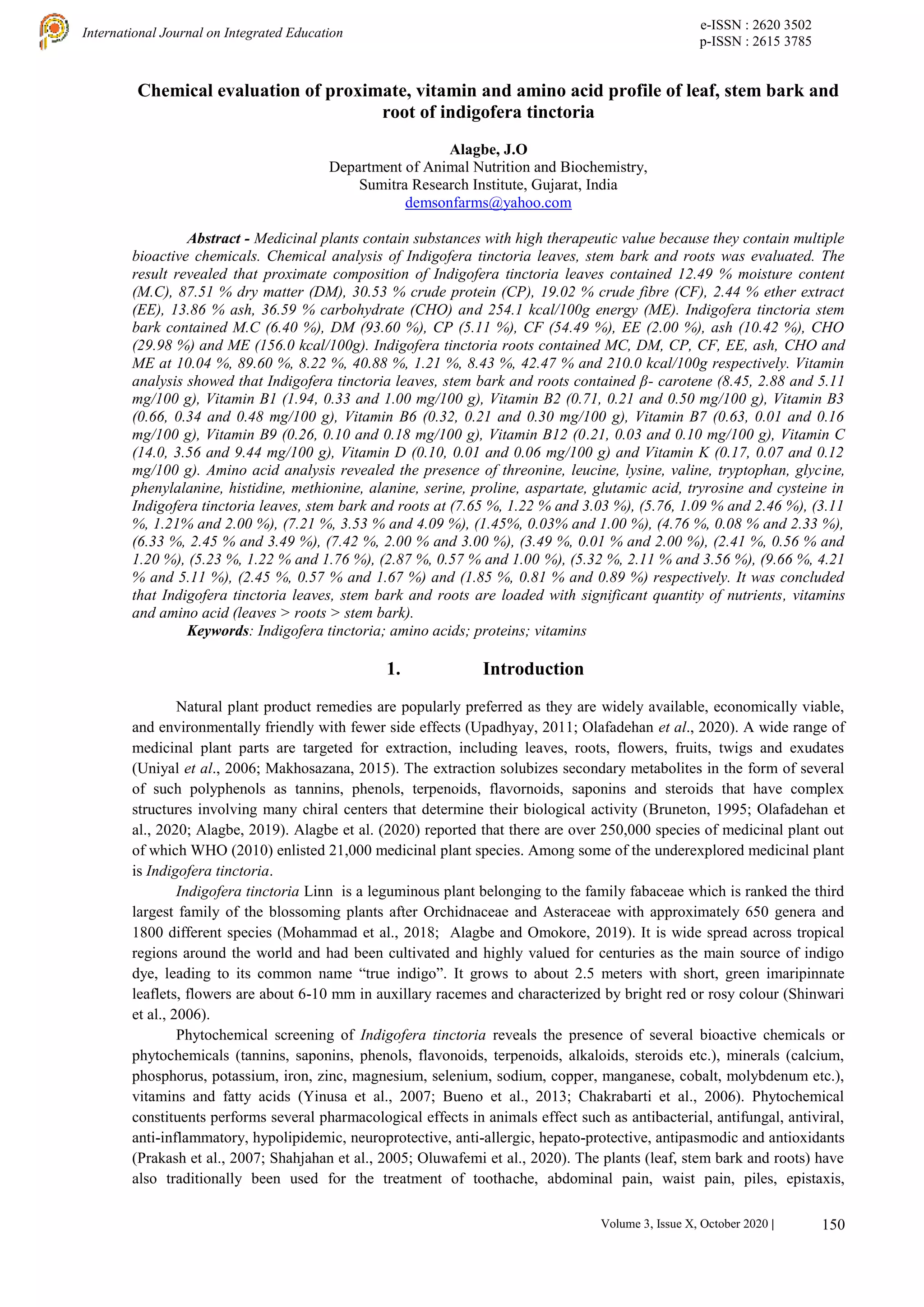 Chemical evaluation of proximate, vitamin and amino acid profile of ...
