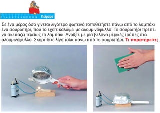 Σε ένα μέρος όσο γίνεται λιγότερο φωτεινό τοποθετήστε πάνω από το λαμπάκι
ένα σουρωτήρι, που το έχετε καλύψει με αλουμινόφυλλο. Το σουρωτήρι πρέπει
να σκεπάζει τελείως το λαμπάκι. Ανοίξτε με μία βελόνα μερικές τρύπες στο
αλουμινόφυλλο. Σκορπίστε λίγο ταλκ πάνω από το σουρωτήρι. Τι παρατηρείτε;
 