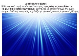 Διάδοση του φωτός
Κάθε φωτεινή πηγή λοιπόν εκπέμπει φως προς όλες τις κατευθύνσεις.
Το φως διαδίδεται ευθύγραμμα. Συχνά, για να απεικονίσουμε την ευθύ-
γραμμη διάδοση του φωτός, σχεδιάζουμε φωτεινές ακτίνες ή φωτεινές δέσμες.
 