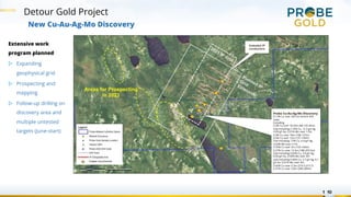 Detour Gold Project
10
New Cu-Au-Ag-Mo Discovery
1
Areas for Prospecting
in 2023
Planned IP
Grid
Extension
2021 IP Grid
Probe Cu-Au-Ag-Mo Discovery
0.13% Cu over 345.5m (entire drill
hole)
Including:
0.3% Cu over 18.45m (84-102.45m)
Sub-including 2.16% Cu, 12.3 g/t Ag,
0.09 g/t Au, 0.01% Mo over 1.0m
0.3% Cu over 19m (108-127m)
0.5% Cu over 12m (137-149m)
Sub-including 1.0% Cu, 6.4 g/t Ag,
0.04% Mo over 3.7m
0.35% Cu over 5m (155-160m)
0.27% Cu over 15.5m (188-203.5m)
Sub-including 0.64% Cu, 3.8 g/t Ag,
0.09 g/t Au, 0.04% Mo over 3m
Sub-including 0.46% Cu, 2.7 g/t Ag, 0.1
g/t Au, 0.01% Mo over 4m
0.42% Cu over 5.2m (210.5-215.7)
0.31% Cu over 3.0m (286-289m)
Untested IP
conductors
Copper occurrences
Extensive work
program planned
▷ Expanding
geophysical grid
▷ Prospecting and
mapping
▷ Follow-up drilling on
discovery area and
multiple untested
targets (June-start)
 