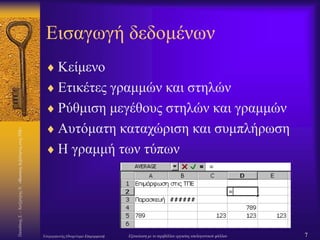 Παπαδάκης
Σ.
–
Χατζηπέρης
Ν
«Βασικές
Δεξιότητες
στις
ΤΠΕ»
7
Επιμορφωτής:Ονομ/νυμο Επιμορφωτή Εξοικείωση με το περιβάλλον εργασίας υπολογιστικού φύλλου
Εισαγωγή δεδομένων
 Κείμενο
 Ετικέτες γραμμών και στηλών
 Ρύθμιση μεγέθους στηλών και γραμμών
 Αυτόματη καταχώριση και συμπλήρωση
 Η γραμμή των τύπων
 