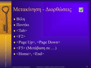 Παπαδάκης
Σ.
–
Χατζηπέρης
Ν
«Βασικές
Δεξιότητες
στις
ΤΠΕ»
8
Επιμορφωτής:Ονομ/νυμο Επιμορφωτή Εξοικείωση με το περιβάλλον εργασίας υπολογιστικού φύλλου
Μετακίνηση - Διορθώσεις
 Βέλη
 Ποντίκι
 <Tab>
 <F2>
 <Page Up>, <Page Down>
 <F5> (Μετάβαση σε …)
 <Home>, <End>
 