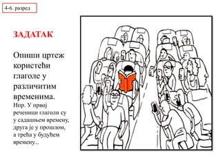 ЗАДАТАК
Опиши цртеж
користећи
глаголе у
различитим
временима.
Нпр. У првој
реченици глаголи су
у садашњем времену,
друга је у прошлом,
а трећа у будућем
времену...
4-6. разред
 