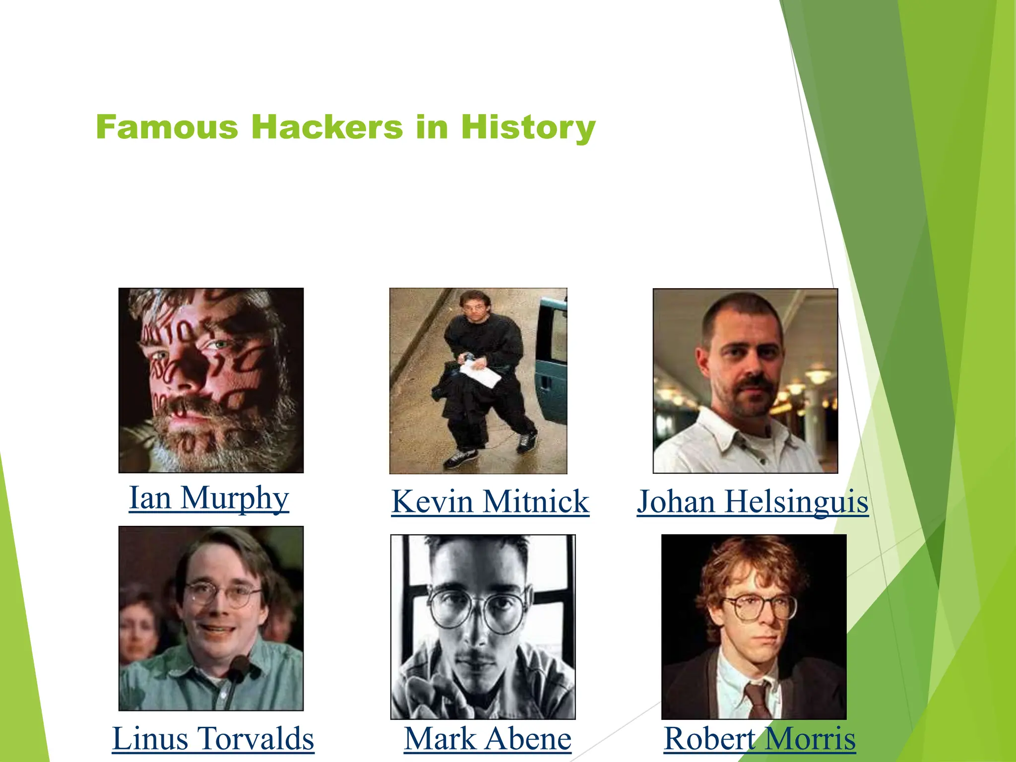 Famous Hackers in History
Ian Murphy Kevin Mitnick Johan Helsinguis
Mark Abene
Linus Torvalds Robert Morris
 