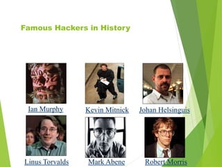 Famous Hackers in History
Ian Murphy Kevin Mitnick Johan Helsinguis
Mark Abene
Linus Torvalds Robert Morris
 