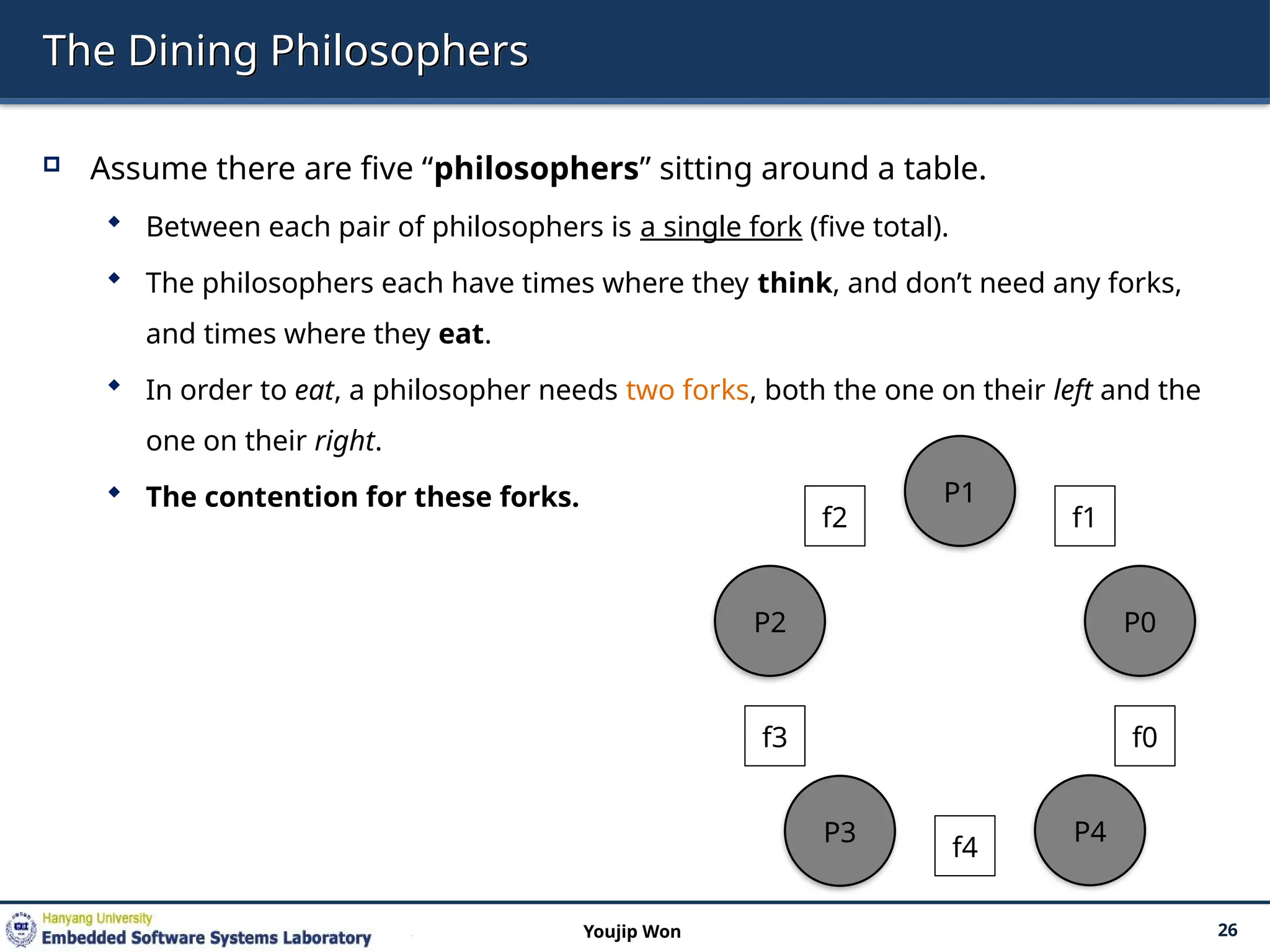 The Dining Philosophers
 Assume there are five “philosophers” sitting around a table.
 Between each pair of philosophers is a single fork (five total).
 The philosophers each have times where they think, and don’t need any forks,
and times where they eat.
 In order to eat, a philosopher needs two forks, both the one on their left and the
one on their right.
 The contention for these forks.
26
Youjip Won
P1
f1
P0
P4
f0
f4
P3
f3
P2
f2
 