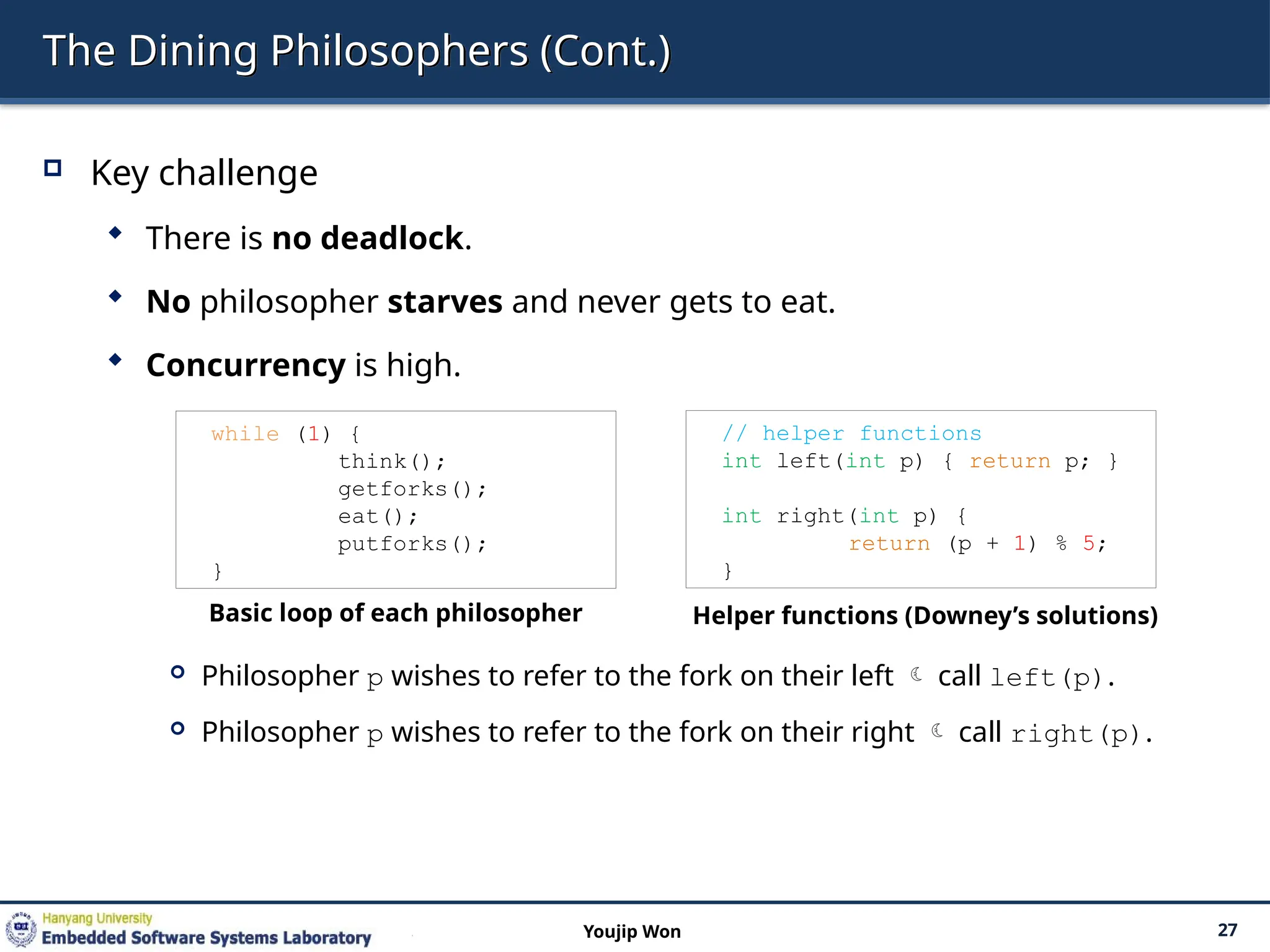 The Dining Philosophers (Cont.)
 Key challenge
 There is no deadlock.
 No philosopher starves and never gets to eat.
 Concurrency is high.
 Philosopher p wishes to refer to the fork on their left  call left(p).
 Philosopher p wishes to refer to the fork on their right  call right(p).
27
Youjip Won
while (1) {
think();
getforks();
eat();
putforks();
}
// helper functions
int left(int p) { return p; }
int right(int p) {
return (p + 1) % 5;
}
Basic loop of each philosopher Helper functions (Downey’s solutions)
 