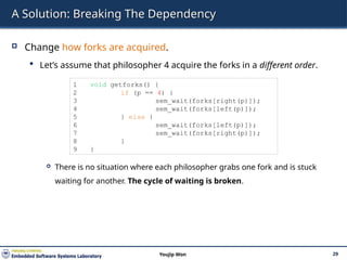 A Solution: Breaking The Dependency
 Change how forks are acquired.
 Let’s assume that philosopher 4 acquire the forks in a different order.
 There is no situation where each philosopher grabs one fork and is stuck
waiting for another. The cycle of waiting is broken.
29
Youjip Won
1 void getforks() {
2 if (p == 4) {
3 sem_wait(forks[right(p)]);
4 sem_wait(forks[left(p)]);
5 } else {
6 sem_wait(forks[left(p)]);
7 sem_wait(forks[right(p)]);
8 }
9 }
 