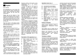English
Dear customer,
We congratulate you on your choice. We
are sure that this modern, functional and
practical article, constructed from highest
quality materials, will fully meet your
requirements.
Please read all the sections of this
INSTRUCTION MANUAL before using the
extractor for the first time to be able to
obtain its full performance and to avoid
any breakdowns that could arise from its
misuse, also allowing small problems to
be overcome.
Keep this manual. It will always provide
useful information on the extractor and will
help other people to use it.
Safety Instructions
---------------------------------------------------
* Before using the extractor for the first
time, you must observe the installation
and connection instructions.
* Never pull the cable to unplug the
extractor.
* Do not switch on the extractor if the
electricity cable is worn or has cuts or if
there are signs of deterioration around the
control panel.
* If the extractor stops working or functions
abnormally, unplug it from the mains and
advise the technical service.
* Do not leave gas burning without a pan
above it under the hood.
* Do not allow grease to accumulate in
any part of the extractor, especially in the
filter as this COULD PRODUCE A FIRE
RISK
* Do not flambé food under the hood.
* Before installing the extractor consult
local rules and regulations in force with
respect to current standards on air and
fumes.
* Before connecting the extractor to the
mains, check that both the voltage and the
frequency conform to that shown on the
characteristics label of the extractor
located inside it.
* In the hoods with pin, this must be
accesible, or settle a cut switch to
omnipolar, with minimum separation
between contacts of 3 mm
* The evacuated air does not have to be
sent by conduits that are used to evacuate
the fume of apparatuses fed by gas or
another fuel. The room must be provided
with appropriate ventilation if the extractor
is going to be used at the same time as
other food processing equipment not
using electrical power.
* We recommend the use of gloves and
caution when cleaning the inside of the
extractor.
* Your extractor is designed for domestic
use and only for expelling and purifying
gases arising from food preparation. Its
use for any other purpose must be at your
own responsibility and may be dangerous.
* You should contact the nearest Qualified
Technical Assistance Service for any
repairs, including the substitution of the
feeder, always using original spare parts.
Repairs and modifications carried out by
others could damage the apparatus or
cause it to malfunction, and risking your
safety. The manufacturer cannot be held
liable for inappropriate use of the
apparatus.
Description of the apparatus (Fig. 1)
---------------------------------------------------
A Motor controls that allow three
speeds to be selected.
B Light’s switch independent of
themotors.
C Light by means of lamps.
D Filters located over cooking area,
easily withdrawn for cleaning (2 or 3
according to model).
E Pull-out group that allows a greater
gas capture area.
F Possibility of incorporating activated
charcoal filter (Fig. 5).
G Motor functionning indicator light.
H-I Non-return flaps which are placed in
the outlet, locating their ends in the
openings provided.
Aparatlarýn tanýmý (Bas. 1)
---------------------------------------------------
A Üç kademeli fan çekiº düðmesi
B Motordan baðýmsýz ýºýk düðmesi.
C Lamba.
D Piºirme alanýnýn üzerinde bulunan
filtreler temizlik için kolayca
çýkarýlabilirler (modele göre 2 ya da 3
parça)
E Maksimum gaz çekiºine olanak
saðlayan alan.
F Aktif karbon filtre kullaným imkaný
(Bas. 5).
G Motorun çalýºýr durumda olduðunu
gösterir ikaz ýºýðý.
H-I Çekilen gazlarýn geri dönüºümünü
engellemek için baca çýkýºýna
yerleºtirilen.
Kullaným Talimatlarý
---------------------------------------------------
ªekilde görülen düðmelere basarak 2
aspiratörünüzün fonksiyonlarýný kontrol
edebilirsiniz.
Piºim bittikten sonra 3-5 dakika süre ile
aspiratörünüzü çalýºtýrmaya devam ediniz.
Böylece çýkýº bacasýnda ki tüm yað
tortularý dýºarý atýlacak ve yað, duman ve
kokularýn tekrar geri dönüºünü
engelleyecektir.
Temizleme ve Bakým
---------------------------------------------------
Temizleme ve bakým iºlemine baºlamadan
önce cihazýnýn ana elektrik baðlantýsýndan
ayrýldýðýna emin olunuz.
Temizlik ve bakým iºlemi için de bulunan
güvenlik talimatlarýný takip ediniz. Ateº
tehlike var olmak –dibi takdirde adl. ªu
belgili tanýmlýk tasfiye deðil yer bulmak gör
belgili tanýmlýk öðretim.
Filtrelerin Temizliði
Temizlik için filtreleri kancalarýndan
ayýrýnýz. Filtreleri bulaºýk makinesinde
(notlara bakýnýz) ya da yaðlarýn çözülmesi
için sýcak su içinde bekletmek koºulu ile
ya da isteðe baðlý olarak metal olmayan
parçalarýn korunmasý ºartý ile özel spreyler
ile temizlenebilir. Temizlik iºleminden
sonra filtreleri kurumaya býrakýn.
Notlar: Bulaºýk makinelerinde kullanýlan
kuvvetli deterjanlar filtrenizin kararmasýna
neden olabilirler fakat bu filtrenizin yað
tutuº özelliðine bir etkide bulunmaz
A Not: Kullaným sýklýðýna göre filtreler en
az ayda bir kez temizlenmelidirler.
Yemek piºirme esnasýnda hatta
piºirmediðiniz zamanlar dahil
aspiratörünüz üzerinde yað birikimi
olabilir.
Aspiratör Gövdesinin Temizlemesi
Ilýk (40ºC ortalama) sabunlu su
kullanýlmasý tavsiye edilir. Hazýrlanan su
ile nemlendirilmiº bir bez ile aspiratörün
keskin kenarlarýna ve ýzgaralara dikkat
edilerek temizlik yapýlabilir. Durulama için
kuru lif býrakmayan bir bez kullanmanýzý
tavsiye ederiz.
Not:
* Aºýndýrýcý, paslandýrýcý ya da çizici
maddeler kullanmayýnýz.
* Metal yüzeye zarar verebilecek
aºýndýrýcý temizlik maddeleri
kullanmayýnýz. Sert cisimlerle (býçak,
makas gibi) temizlemeyiniz.
Aktif Karbon Filtre
* Karbon filtreyi yerine takmak için kapaðý
açýnýz, filtreyi yerine yerleºtirdikten sonra
kapaðý kapatýnýz.
* Kullaným sýklýðýna ve ºekline göre
karbon filtreler üç ila altý ay arasýnda
deðiºtirilmelidirler.
* Karbon filtreler yýkanamaz ve tekrar
kullanýlamaz. Ömürleri dolduðunda
deðiºtirilmeleri gerekmektedirler.
* Kullaným ömrü sona ermiº bir karbon
filtrenin yenisi ile deðiºtirilmesi için takma
iºleminin tekrarlanmasý ve eskisinin
tamamen atýlmasý gereklidir.
 