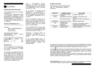 
ÁëëáãÞ ËáìðôÞñùí Öùôéóìïý
* Áðïóõñèåßôå ôá ößëôñá êáé ïé ëáìðôÞñåò
èá åßíáé óôç èÝá.
* Öñïíôßóôå ðñéí ôçí äéáäéêáóßá áëëáãÞò
ôùí ëáìðôÞñùí öùôéóìïý íá Ý÷åôå
áðïóõíäÝóåé ôïí áðïññïöçôÞñá áðü ôçí
ðáñï÷Þ ñåýìáôïò êáé ïé ëáìðôÞñåò ðïõ
èá áíôéêáôáóôáèïýí íá ìçí åßíáé æåóôïß
* Ç ìÝãéóôç éó÷ýò ôùí ëáìðôÞñùí åßíáé 40
W, ï êáèÝíáò.
Ôå÷íéêÝò ðëçñïöïñßåò (EIK. 3)
---------------------------------------------------
ÄéáóôÜóåéò:
ÐëÜôïò = 600/760/800/900mm
Áèïò = 500 mm
¾øïò = 150 mm
ÇëåêôñïëïãéêÜ ÷áñáêôçñéóôéêÜ
ÁÍÁÃÑÁÖÏÍÔÁÉ ÓÔÇÍ ÅÔÉÊÅÔÁ
×ÁÑÁÊÔÇ-ÑÉÓÔÉÊÙÍ
ÅãêáôÜóôáóç
---------------------------------------------------
Ãéá ôçí ôïðïèÝôçóç ôïõ áðïññïöçôÞñá
óôçí êïõæßíá, áêïëïõèåßóôå ôï ó÷Ýäéï
óôçí åéêüíá 4
Ôï êÜôù ìÝñïò ôïõ áðïññïöçôÞñá ðñÝðåé
íá ôïðïèåôçèåß ôïõëÜ÷éóôïí óôï ýøïò ôùí
65 åê. ðÜíù áðü ôçí åðéöÜíåéá ôçò
êïõæßíáò áåñßïõ êáé ôùí 60 åê. ðÜíù áðü
ôéò çëåêôñéêÝò êïõæßíåò. Óå ðåñßðôùóç ðïõ
ïé ïäçãßåò åãêáôÜóôáóçò êïõæéíþí áåñßïõ
õðïäåéêíýïõí ìéá ìåãáëýôåñç áðüóôáóç,
áõôü èá ðñÝðåé íá ëçöèåß õð’ üøç.
¼ôáí ï áðïññïöçôÞñáò äïõëåýåé
ôáõôü÷ñïíá ìå êÜðïéá ìç-çëåêôñéêÞ
óõóêåõÞ ìáãåéñÝìáôïò, ç ðßåóç ôïõ áÝñá
ðïõ áðïâÜëëåôáé äåí ðñÝðåé íá îåðåñíÜ
ôá 4Pa (4 x 10
–5
bar).
Ãéá íá ðåôý÷åôå ôçí êáëýôåñç äõíáôÞ
áðïññüöçóç ôïõ áðïññïöçôÞñá, ï
óùëÞíáò ãéá ôçí Ýîïäï ôùí áôìþí äåí
ðñÝðåé íá õðåñâáßíåé ôá 4 ìÝôñá ìÞêïò, Þ
íá ðåñéëáìâÜíåé ðåñéóóüôåñåò áðü 2
ãùíßåò 90º.
Áí êáé ôï áîéïóýóôáôï ðñÜãìá åßíáé ç
åêêÝíùóç ôùí áåñßùí óôï åîùôåñéêü, Ýíá
ößëôñï åíåñãïðïéþ-Üíèñáêá ìðïñåß íá
åãêáôáóôÞóåé ðïõ åðéôñÝðåé üôé ôá áÝñéá
ìðïñïýí íá äïèïýí ðßóù óôçí êïõæßíá
ìÝóù ôïõ óùëÞíá åîüäïõ.
Ãéá ôçí åêêÝíùóç áðü ôï åðÜíù ìÝñïò
áðáéôåßôáé Ýíáò áãùãüò åêêÝíùóçò ðñïò
ôï åîùôåñéêü êáé íá ôïðïèåôçèåß ï ìï÷ëüò
åêêÝíùóçò óôçí èÝóç «Å». (EIK. 5):
Ôïðïèåôåßôáé ôï óùëçíÜêé åîüäïõ (ìç
åðéóôñïöÞò), åðáëçèåýïíôáò áí ïé
õðüëïéðåò Ýîïäïé åßíáé óêåðáóìÝíåò
óùóôÜ.
Ãéá ôçí åðáíáêõêëïöïñßá ìÝóù ôïõ
åíåñãïéþ-Üíèñáêá ç ëáâÞ åêêÝíùóçò «É»
èá âñåèåß óôç öñïõñÜ. ¸ðåôá ôï ößëôñï
åíåñãïðïéþ-Üíèñáêá åéóÜãåôáé óôï
áíôßóôïé÷ï áõëÜêé
Si algo no funciona
------------------------------------------------------
Antes de solicitar el servicio de reparaciones,
haga las comprobaciones indicadas a
continuación:
DEFECTO POSIBLE CAUSA SOLUCIÓN
El cable de red no está
conectado
Conectar el cable de red
La campana no
funciona No llega tensión al enchufe Proceder a revisar/reparar la red
eléctrica
Filtro saturado de grasa Proceda a la limpieza o sustitución del
filtro
Obstrucción del conducto
de salida de aire
Elimine las obstrucciones
La campana no
aspira suficiente o
vibra
Conducto de aire
inadecuado
Contacte con el instalador y siga las
instrucciones de este manual
Lámparas fundidas Proceda a la sustitución de las lámparasLas lámparas no
iluminan Lámparas flojas Apriete las lámparas
Este aparato lleva el marcado CE en conformidad con la Directiva 2002/96/EC del Parlamento
Europeo y del Consejo sobre residuos de aparatos eléctricos y electrónicos (RAEE). La correcta
eliminación de este producto evita consecuencias negativas para el mercado y la salud.
El símbolo en el producto o en los documentos que se incluyen con el producto, indica que
no se puede tratar como residuo doméstico. Es necesario entregarlo en un punto de recogida
para reciclar aparatos eléctricos y electrónicos. Deséchelo con arreglo a las normas
medioambientales para eliminación de residuos.
Para obtener infomación más detallada sobre el tratamiento, recuperación y reciclaje de este
producto, póngase en contacto con el ayuntamiento, con el servicio de eliminación de residuos
urbanos o la tienda donde adquirió el producto.
TEKA INDUSTRIAL, S.A. se reserva el derecho de introducir en sus aparatos las correcciones
que considere necesarias o útiles sin perjudicar sus características esenciales.
 