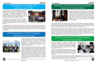 6 3
HaciendoUniversidad HaciendoUniversidad
dci@usma.ac.pa Divulgación y Comunicación Institucional
Estudiantes de segundo año de la Escuela de Comunicación
Social de la Universidad Católica Santa María La Antigua (USMA)
presentaron el martes 9 de agosto una serie de videos basados
en los cuentos del libro Bajo el manguito, Premio Nacional de
Literatura Infantil y Juvenil Carlos Francisco Changmarín 2012. El
evento público fue presidido por la profesora Rosa Guizado,
directora de la Escuela, y la autora del libro, Gloria Melania
Rodríguez Molina, estuvo presente, al igual que miembros de la
familia Changmarín.
La presentación de estos videos constituyó la prueba final de la materia Semiótica II, que dicta el profesor Ariel
Barría Alvarado. Este año, ante la evidente necesidad de promover la lectura y la comprensión lectora entre la
niñez y la juventud de todo el país, el profesor Barría motivó a sus estudiantes a adquirir competencias en este
ámbito, con el fin de que puedan sumarse, como factores de cambio, a esa gran tarea.
Gloria Melania Rodríguez, quien realizó estudios en Diseño de Interiores en la USMA, posee una vasta
experiencia literaria y en la promoción de la lectura juvenil. Entre sus obras figuran también El jardín de Mamá
Charo y Cartas al editor, ambos textos premiados en certámenes nacionales. El evento se desarrolló en el
auditorio Tomás Clavel. Entre los invitados especiales estuvo la señora Eneida de Changmarín y sus hijas,
integrantes de la Fundación que lleva el nombre del connotado escritor, poeta y folclorista panameño Carlos
Francisco Changmarín (1922-2012), en memoria de quien se realizó este acto.
Estudiantes de Comunicación Social presentan
videos sobre literatura infantil
Invitada en su intervención
Entre fotos, recuerdos y anécdotas, egresados de la
Universidad Católica Santa María La Antigua (USMA)
compartieron el “Desayuno para Egresados de Psicología”,
llevado a cabo el miércoles 24 de agosto en las instalaciones
del Aula Magna Víctor F. Goytía, de este Campus, por iniciativa
de la Escuela de Psicología.
En el acto se encontraban presentes la Decana de la Facultad
de Ciencias Sociales, María Fernanda Richa; la profesora Itzel
Sayavedra, Directora de la Escuela de Psicología; y la profesora
Clarissa Arcia, coordinadora de Acreditación de la escuela de
Psicología.
El objetivo del encuentro fue el de promover el acercamiento entre egresados y entre estos y su Alma Mater, y
a la vez se aprovechó como una oportunidad para que los egresados tengan conocimiento del proceso de
acreditación que se adelante en la Escuela y en la Universidad.
Egresados compartiendo el desayuno
Escuela de Psicología de la USMA organiza
desayuno con egresados
En los últimos años, el mundo ha sido testigo de una serie de
sucesos violentos que han marcado cambios profundos en el
modo de vida de una gran parte de la sociedad. Con base en
esta realidad, la Facultad de Humanidades y Ciencias
Religiosas organizó la conferencia “El papel de la juventud
luego de los atentados de París y Bélgica y la concepción de
las familias de jóvenes hijos de migrantes a Francia”.
El antropólogo, y urbanista, Dr. Nicolás Rey, dictó la
conferencia, que busca comprender mejor la complejidad de
estos hechos, tomando como ejemplo el caso de Francia, y las
secuelas sociales que ha generado ese clima de amenazas y
atentados.
La conferencia se dictó en el auditorio Tomás Clavel, el jueves 21 de julio, y contó además con la intervención
del docente usmeño Eury Bajo, quien reflexionó sobre estos hechos y el modo en que debemos afrontarlos. De
igual modo, la Decana de Humanidades, profesora Fulvia Ocaña, agradeció la colaboración del Dr. Nicolás Rey
en el esfuerzo que hace la USMA para proponer temas de actualidad en el marco de la formación integral de
los estudiantes.
El antropólogo Nicolás Rey dicta
conferencia en la USMA
Nicolás Rey, con estudiantes y docentes
“Sabor y nutrición en un solo lugar”, fue el concepto que se
utilizó para el CONGRESO de la Asociación Latinoamérica de
la Papa, organizado por el Instituto de Investigación
Agropecuaria de Panamá (IDIAP), en conjunto con la
Asociación de la Comunidad Productora de Tierras
Altas,(ACPTA) en el Centro de Convenciones Vasco Núñez de
Balboa, del Hotel El Panamá.
Conferencias magistrales, simposios, ponencias de carteles
científicos y degustaciones de diversos platillos a base de papa
y exposición comercial, son algunas de las presentaciones que
dictaron 22 conferencistas, durante estos tres días, en la que
asistieron alrededor de 400 participantes, además de las
exhibiciones de diferentes empresas, como la Universidad
Católica Santa María La Antigua (USMA), mostrando su oferta
académica, en las licenciaturas en Ingeniería en Producción
Animal e Ingeniería en Recursos Naturales, en la sede de
USMA Azuero, además del Diplomado en Cocina, en la sede
en Panamá.
USMA participan en el XXVII Congreso
Latinoamericano de la papa
Corte de cinta en la inauguración del congreso
 