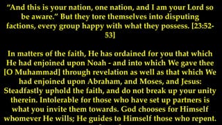 “And this is your nation, one nation, and I am your Lord so
     be aware.” But they tore themselves into disputing
factions, every group happy with what they possess. [23:52-
                             53]

 In matters of the faith, He has ordained for you that which
 He had enjoined upon Noah - and into which We gave thee
[O Muhammad] through revelation as well as that which We
    had enjoined upon Abraham, and Moses, and Jesus:
Steadfastly uphold the faith, and do not break up your unity
  therein. Intolerable for those who have set up partners is
  what you invite them towards. God chooses for Himself
whomever He wills; He guides to Himself those who repent.
 