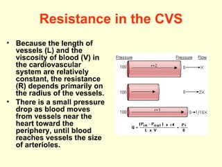 Resistance in the CVS Because the length of vessels (L) and the viscosity of blood (V) in the cardiovascular system are relatively constant, the resistance (R) depends primarily on the radius of the vessels. There is a small pressure drop as blood moves from vessels near the heart toward the periphery, until blood reaches vessels the size of arterioles.  