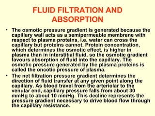 FLUID FILTRATION AND ABSORPTION The osmotic pressure gradient is generated because the capillary wall acts as a semipermeable membrane with respect to plasma proteins, i.e. water can cross the capillary but proteins cannot. Protein concentration, which determines the osmotic effect, is higher in plasma than in interstitial fluid, so the osmotic gradient favours absorption of fluid into the capillary. The osmotic pressure generated by the plasma proteins is called the oncotic pressure of plasma.  The net filtration pressure gradient determines the direction of fluid transfer at any given point along the capillary. As blood travel from the arteriolar to the venular end, capillary pressure falls from about 30 mmHg to about 10 mmHg. This decline represents the pressure gradient necessary to drive blood flow through the capillary resistance. 
