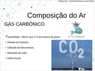 Composição do Ar
● Quantidade : Menor que 1 % da mistura de gases.
● Dióxido de Carbono
● Utilizado da fotossíntese.
● Retenção de calor.
● Efeito Estufa
Professores : Camila Barbosa e Luan Freitas
GÁS CARBÔNICO