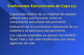 Coeficientes Estructurales de Capa (aCoeficientes Estructurales de Capa (aii))
Capacidad relativa de un material de espesorCapacidad relativa de un material de espesor
unitario para que funcione como ununitario para que funcione como un
componente estructural del pavimentocomponente estructural del pavimento
Indicación de la contribución estructural de unIndicación de la contribución estructural de un
material a la estructura del pavimentomaterial a la estructura del pavimento
Los valores originales se derivan del AASHOLos valores originales se derivan del AASHO
Road Test y han sido modificados por variasRoad Test y han sido modificados por varias
agencias de víasagencias de vías
 